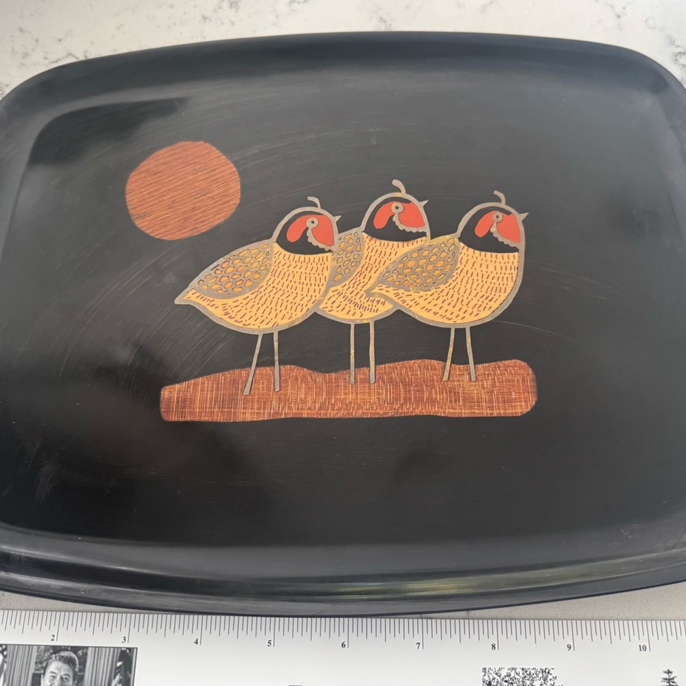 1970s Conroc Monterey CA black tray with Partridge birds fruitwood inlaid 9x12”
